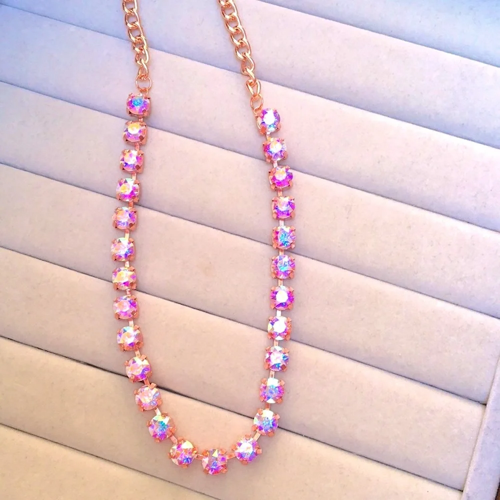 Aurora Borealis + Rose Gold Crystal Tennis Statement Necklace